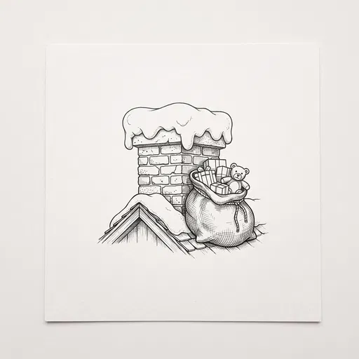 Ink Drawing of Christmas Chimney and Gift Sack