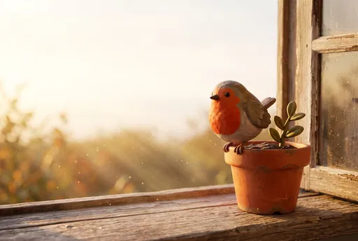 Clay Robin on Terracotta Flowerpot at Sunrise