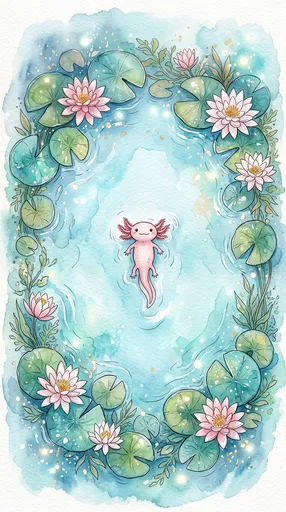 Cute Pink Axolotl in Water Lily Pond