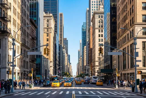 Sunny Manhattan Street Canyon With Yellow Taxis