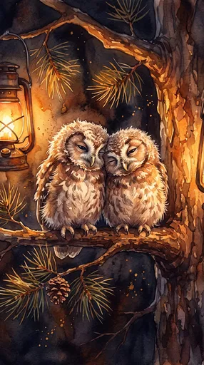 Two Sleeping Owls Watercolor Illustration