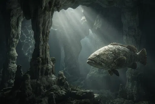Giant Grouper in Underwater Limestone Cave