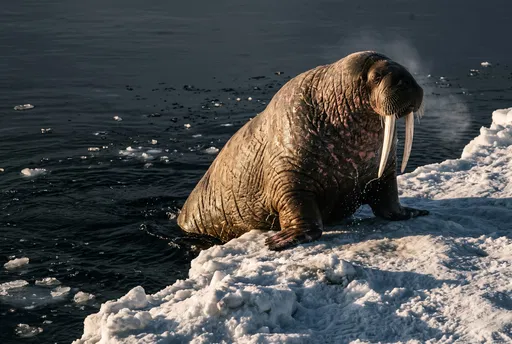 Walrus Emerging onto Arctic Ice Shelf