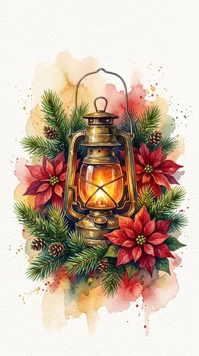 Watercolor Christmas Lantern With Poinsettias