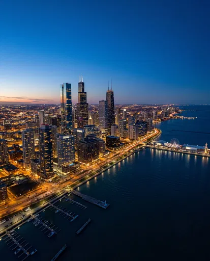 Aerial Chicago Skyline at Blue Hour