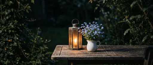 Glowing Lantern and Forget-Me-Not Flowers on Table