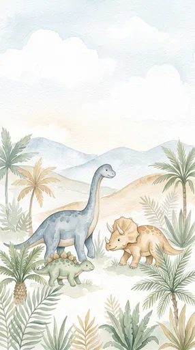 Watercolor Dinosaurs in Prehistoric Landscape