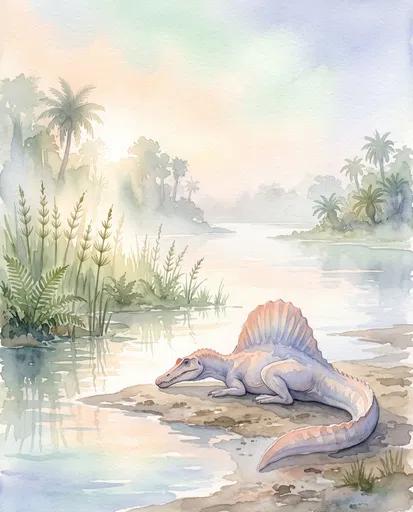 Watercolor Spinosaurus Resting on River Sandbar