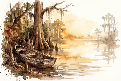 Watercolor Bayou Landscape with Wooden Rowboat