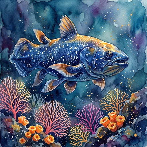 Watercolor Blue Coelacanth Over Coral Reef