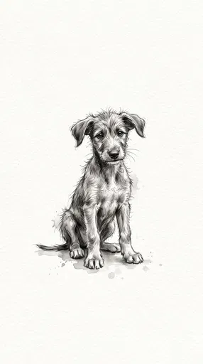 Charcoal Sketch of Sitting Scruffy Lurcher Puppy
