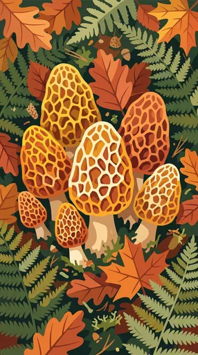Flat Vector Morel Mushrooms and Autumn Ferns