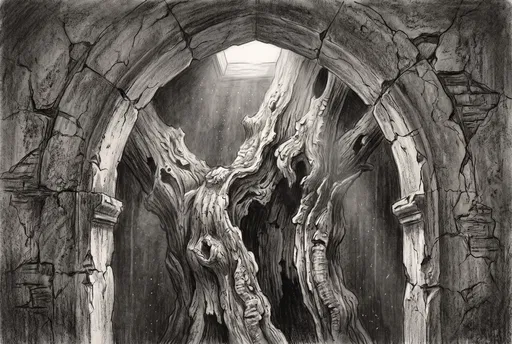 Charcoal Drawing of Ancient Tree in Archway
