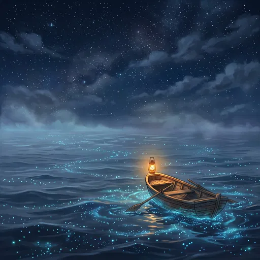 Rowboat with Lantern on Bioluminescent Night Ocean