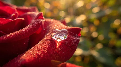 Heart Shaped Dewdrop on Red Rose Petal