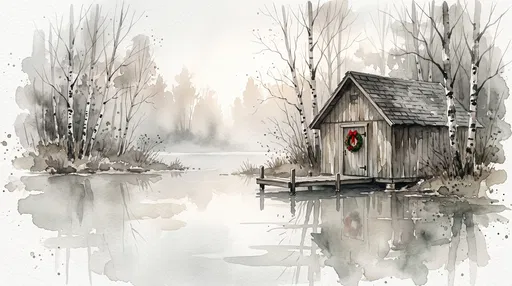 Watercolor Lakeside Boathouse With Christmas Wreath