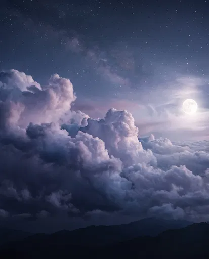 Moonlit Billowing Clouds Under Starry Sky