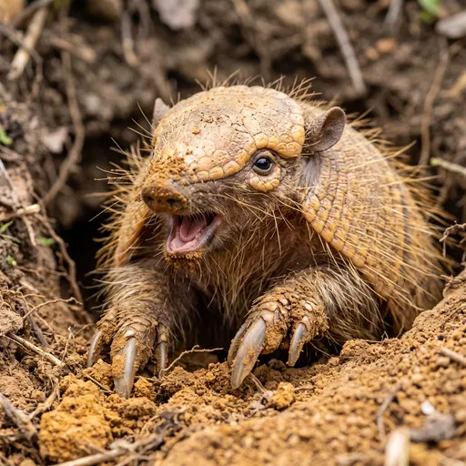 Screaming Hairy Armadillo Emerging From Burrow