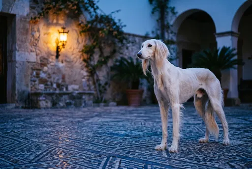 White Saluki Dog in Twilight Courtyard