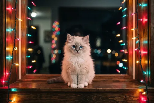 Fluffy Kitten on Windowsill with Lights