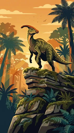 Parasaurolophus on Mossy Cliff Vector Illustration