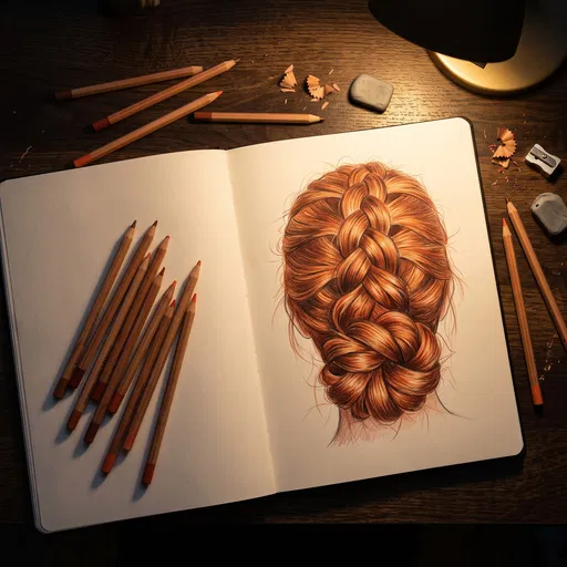 Colored Pencil Sketch of Red Braided Hair