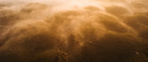 Golden Mist Over Terraced Tea Plantations