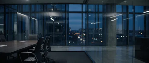 Modern Glass Boardroom at Blue Hour