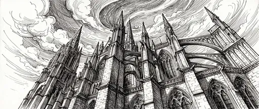 Low-Angle Gothic Cathedral Ink Illustration
