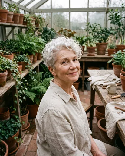 Smiling Senior Woman in Greenhouse