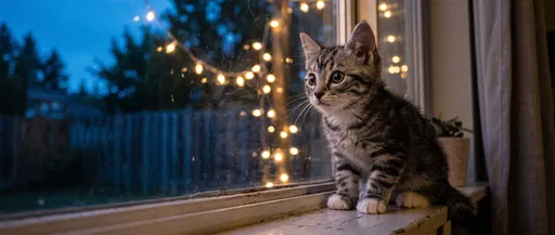 Tabby Kitten on Windowsill at Twilight