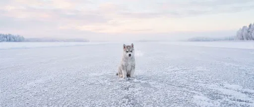 Husky Puppy on Frozen Lake