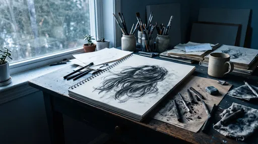 Charcoal Hair Sketch on Artist Studio Desk