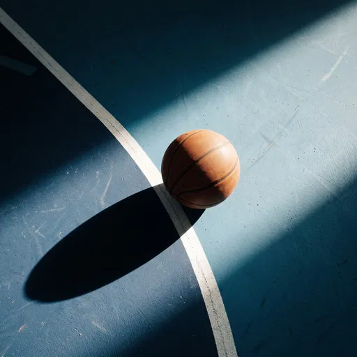 Basketball on Blue Court in Dramatic Light