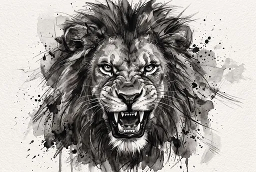 Monochrome Watercolor Snarling Lion Illustration
