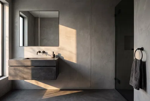 Minimalist Concrete Bathroom in Golden Sunlight