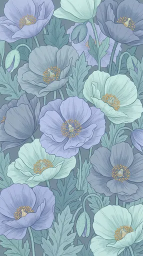 Blue and Mint Poppy Botanical Illustration
