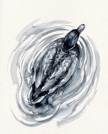 Overhead Ink and Wash Mallard Duck