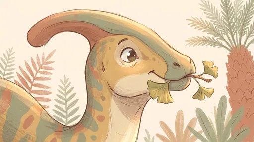 Cartoon Parasaurolophus Eating Ginkgo Leaves