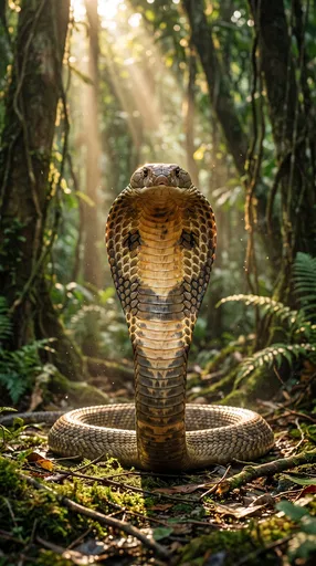 King Cobra Rearing in Sunlit Forest