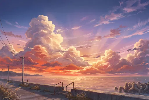 Anime Coastal Sunset Over Seawall