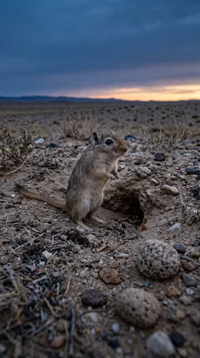 Alert Gerbil by Desert Burrow at Dusk