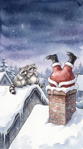 Watercolor Santa Stuck in Snowy Chimney
