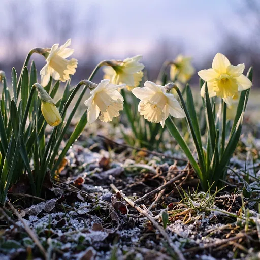 Frosty Yellow Daffodils in Morning Light
