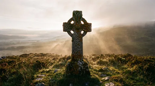 Ancient Celtic Cross on Misty Hilltop