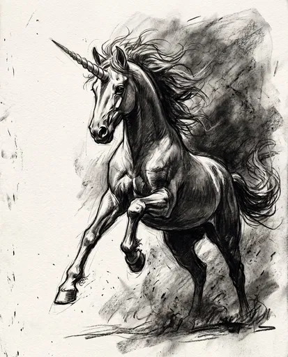 Expressive Charcoal Sketch of Leaping Unicorn