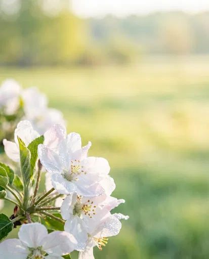 Dewy White Apple Blossoms in Morning Light