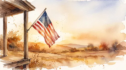 Watercolor American Flag on Porch at Sunset