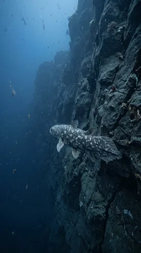 Coelacanth Drifting Along Deep Underwater Cliff