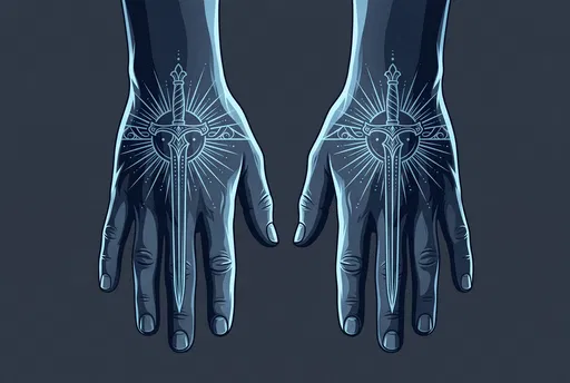 Blue Illustrated Hands With Sword Tattoos